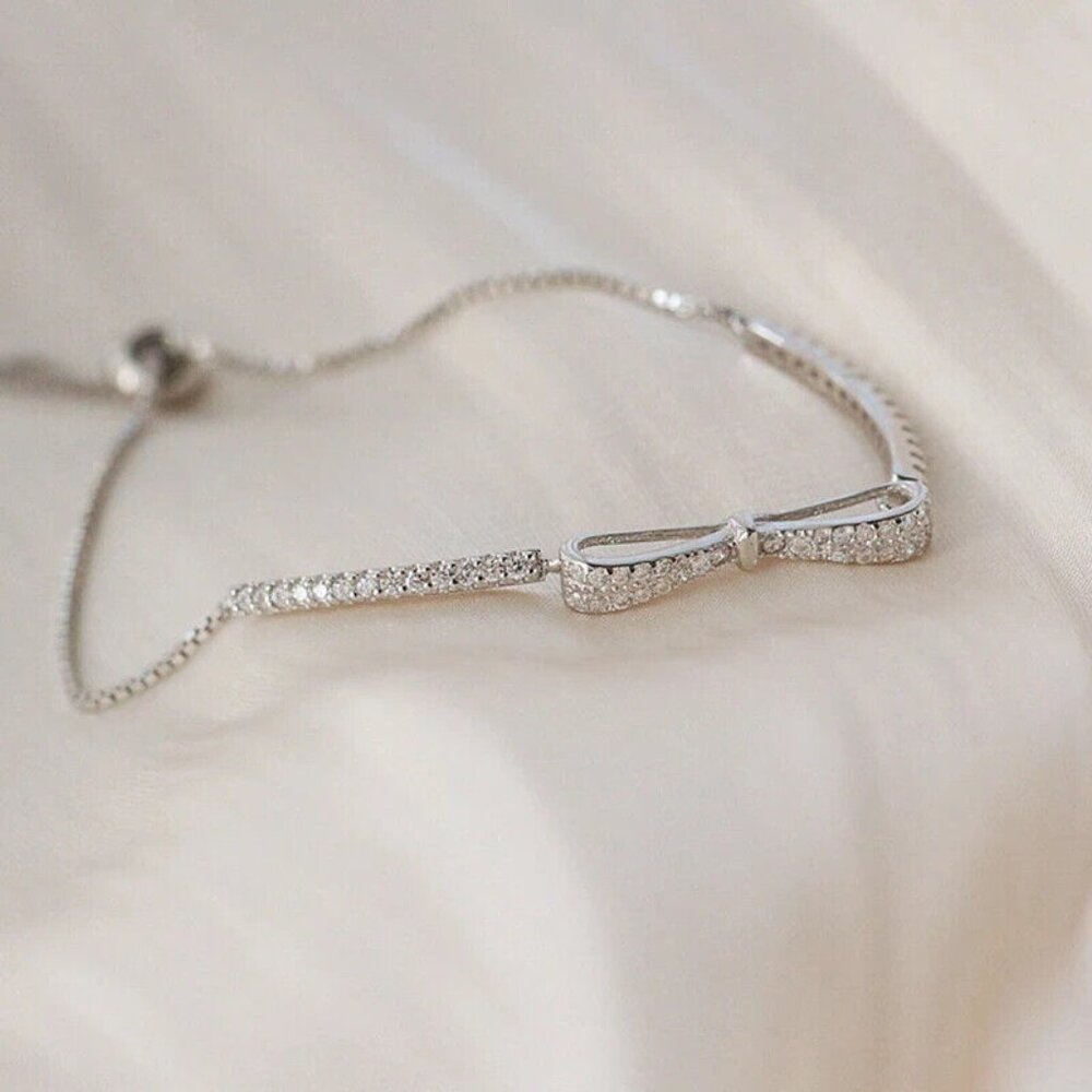 Bow knot lariat bracelet simulated diamonds 925 sterling silver